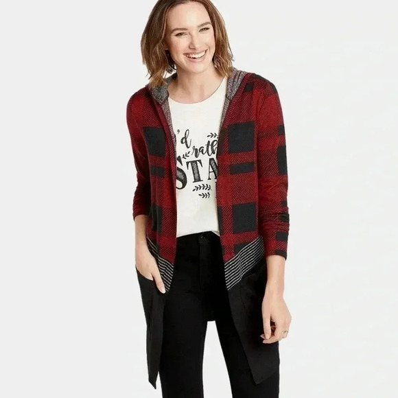 Maurice’s Women’s Buffalo Plaid Block Drape Front Hooded Cardigan - Picture 1 of 5